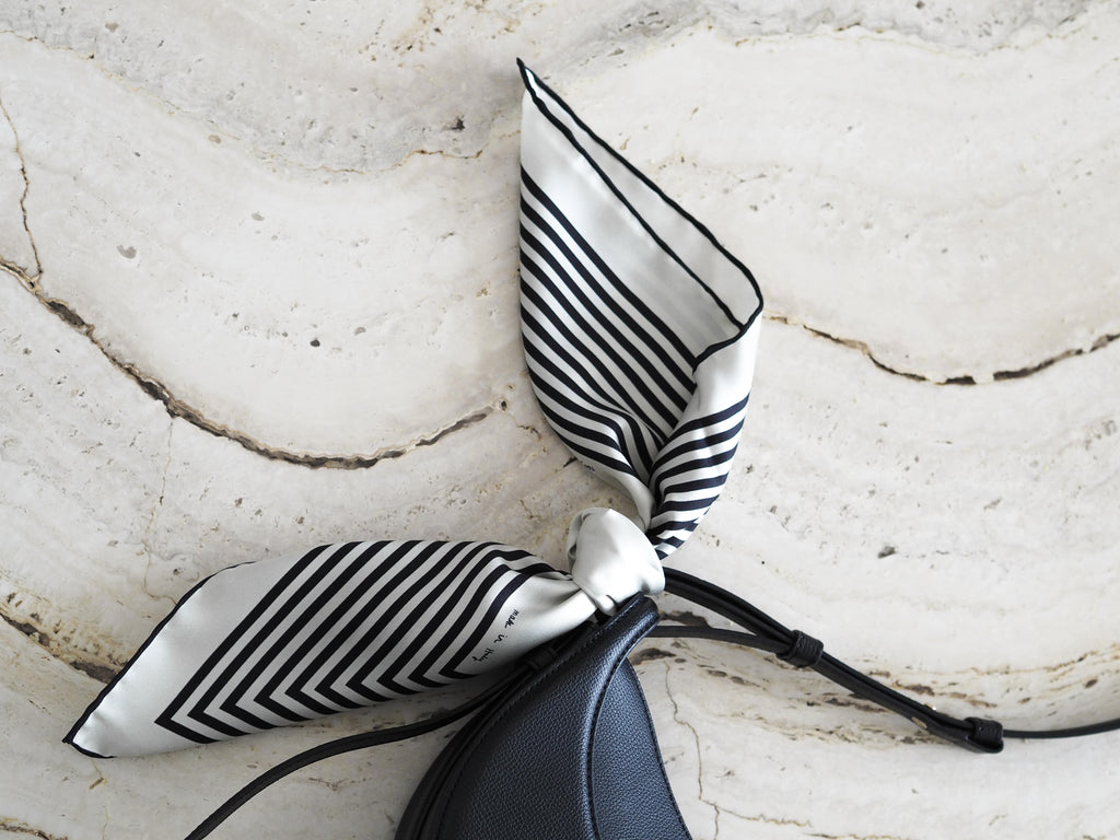 audrey silk scarf foulard carree black white stripes